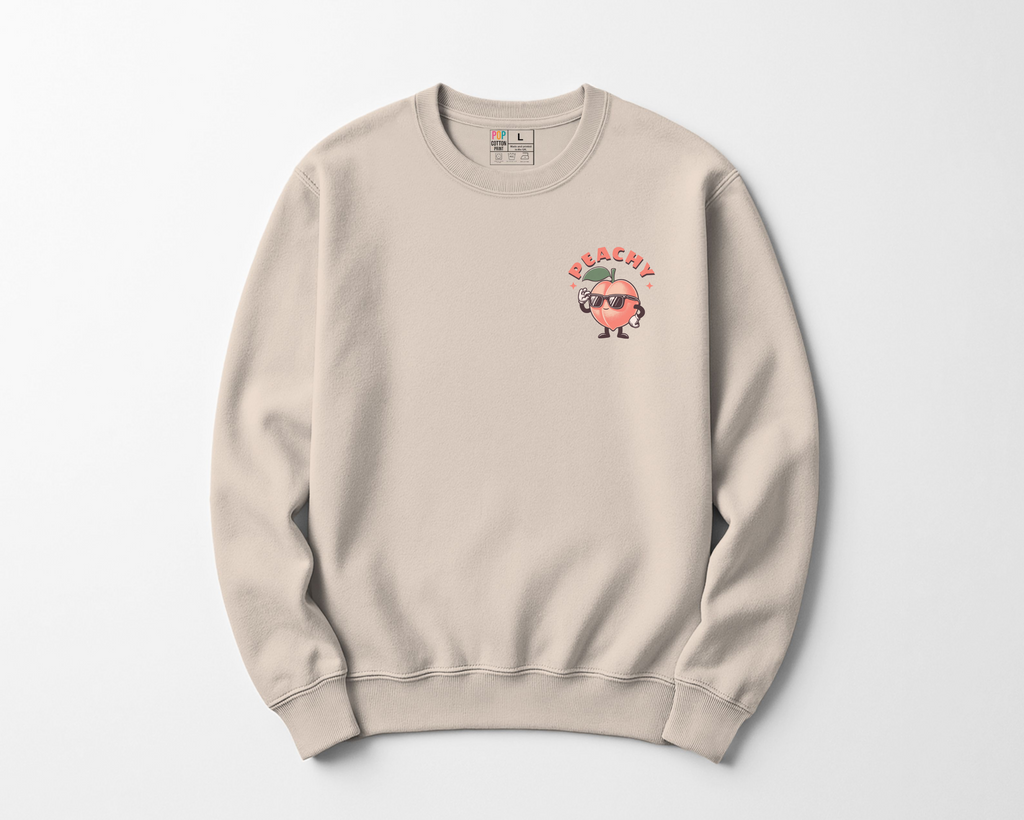 Beige sweatshirt with a Peachy character and textbackground