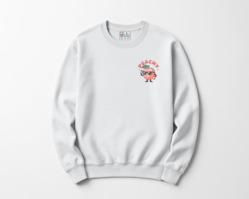 White sweatshirt with a Peachy charater  and texton a white background