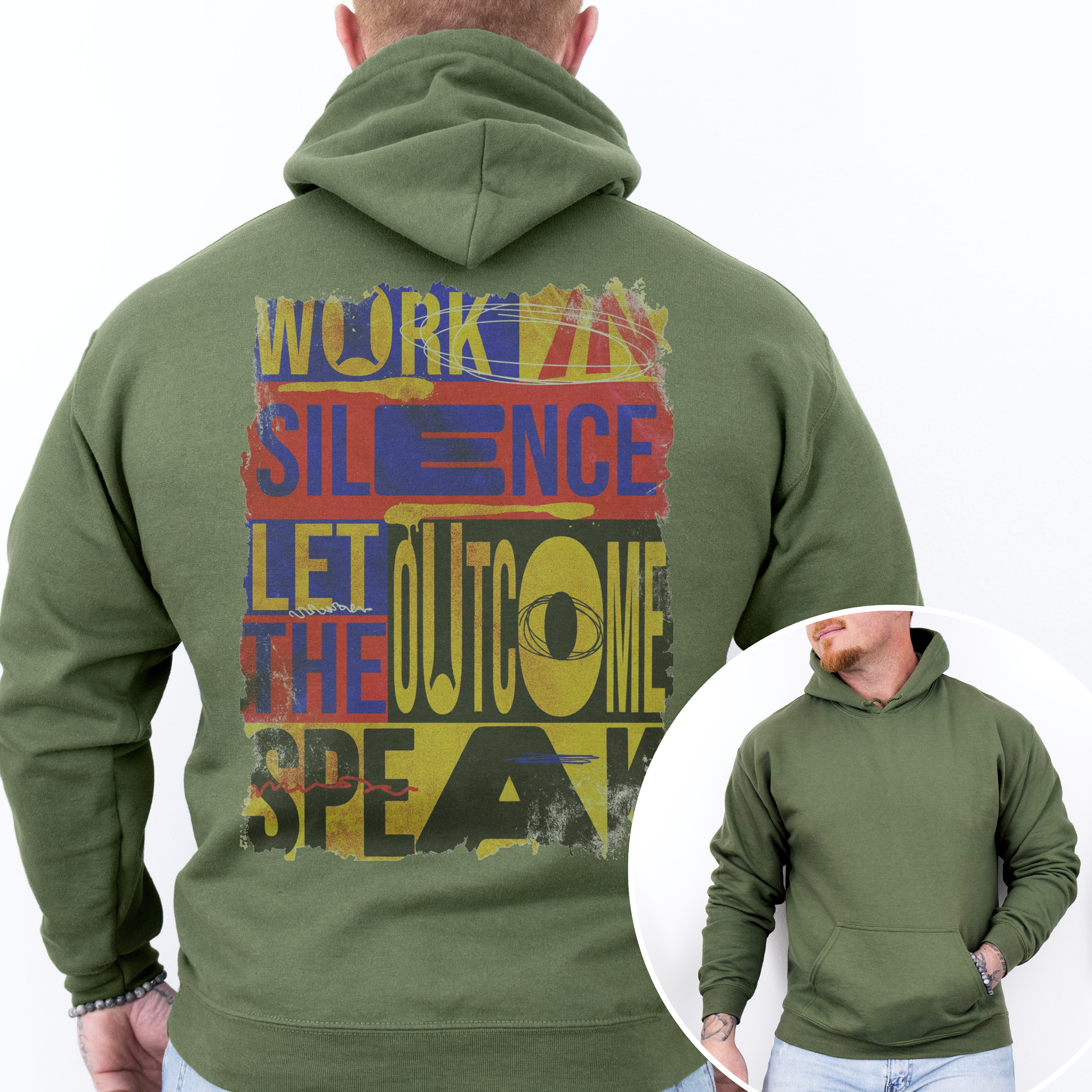 Green hoodie with colorful text design on the back, worn by a person.