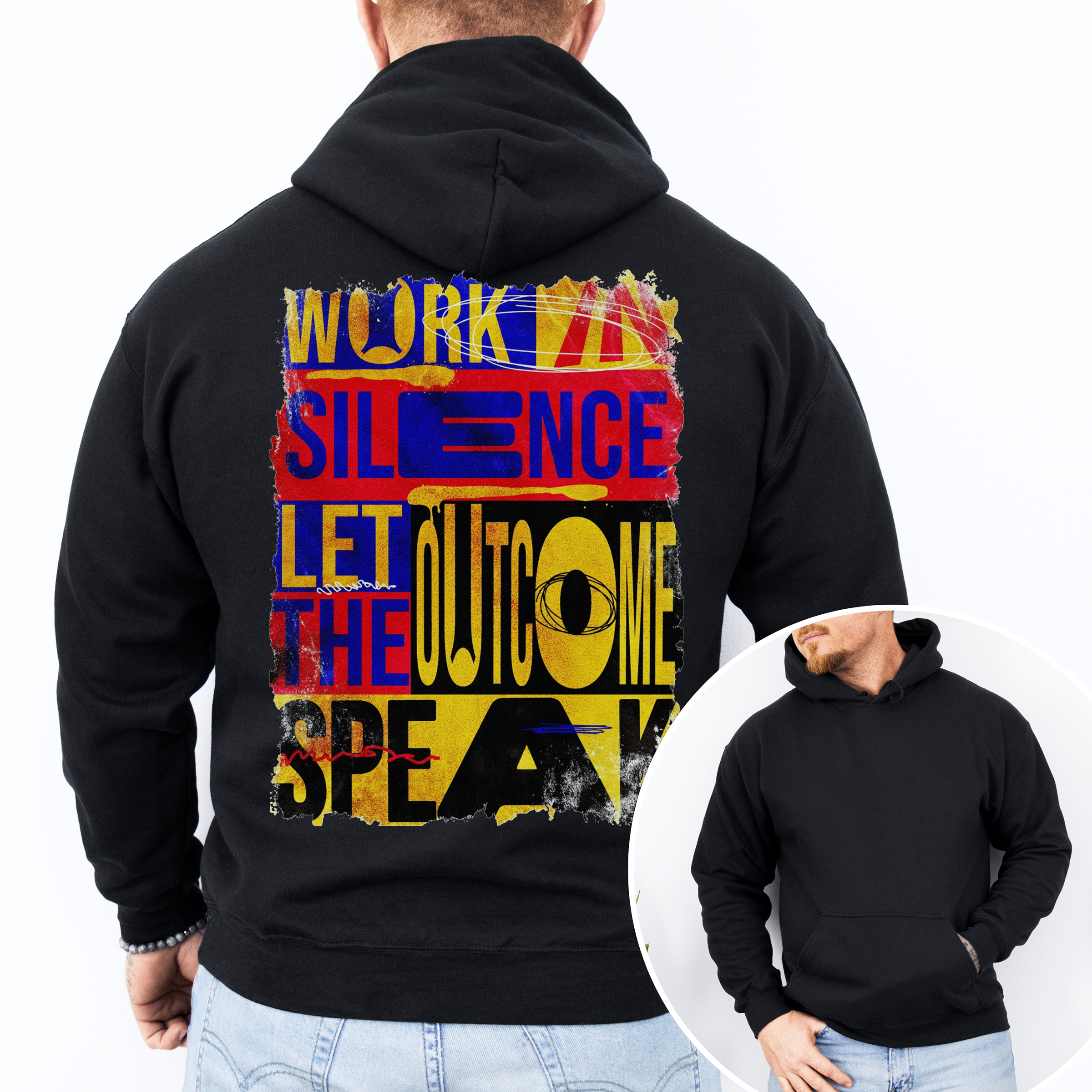 Black hoodie with colorful text design on the back, worn by a person.