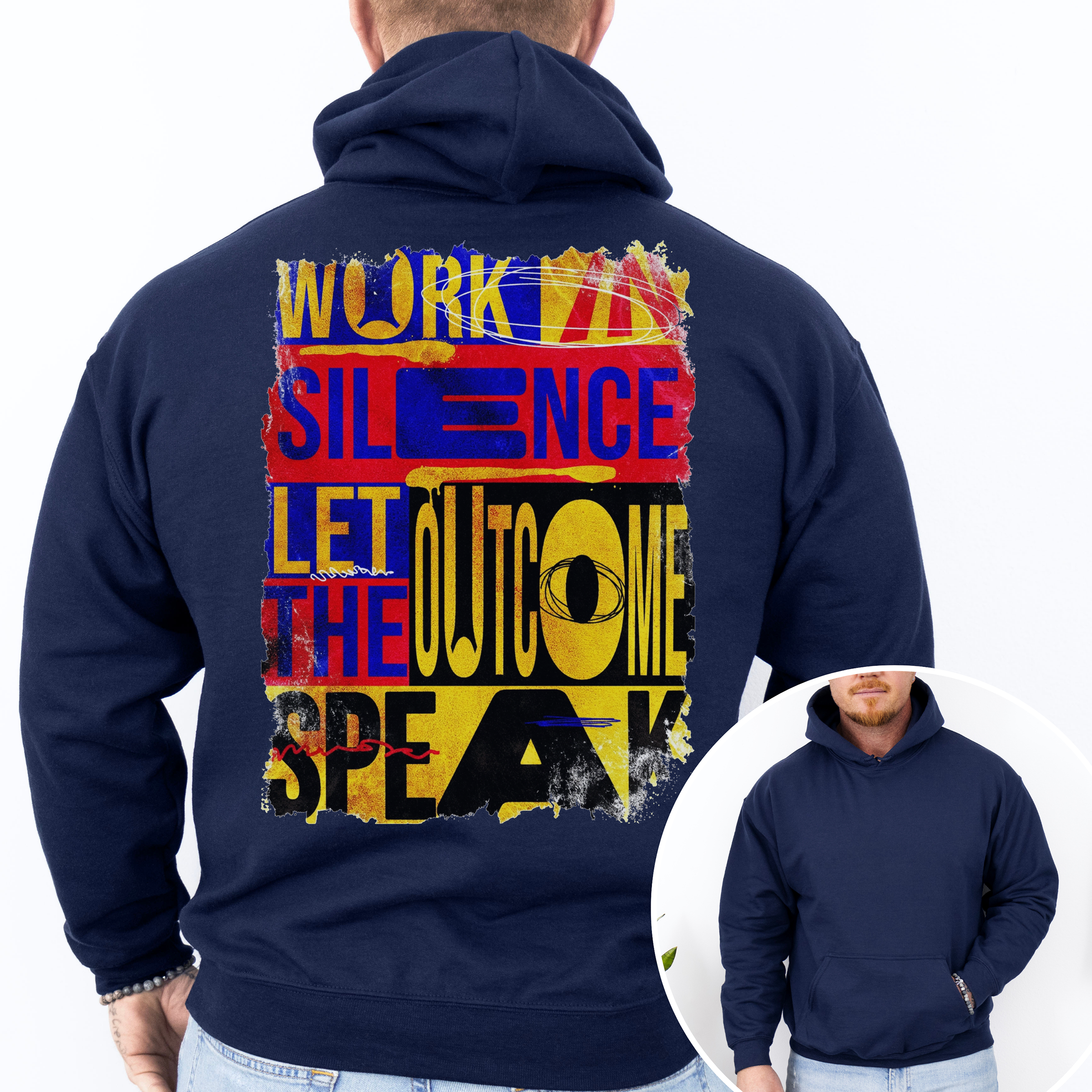 Navy blue hoodie with colorful text design on the back, worn by a person.