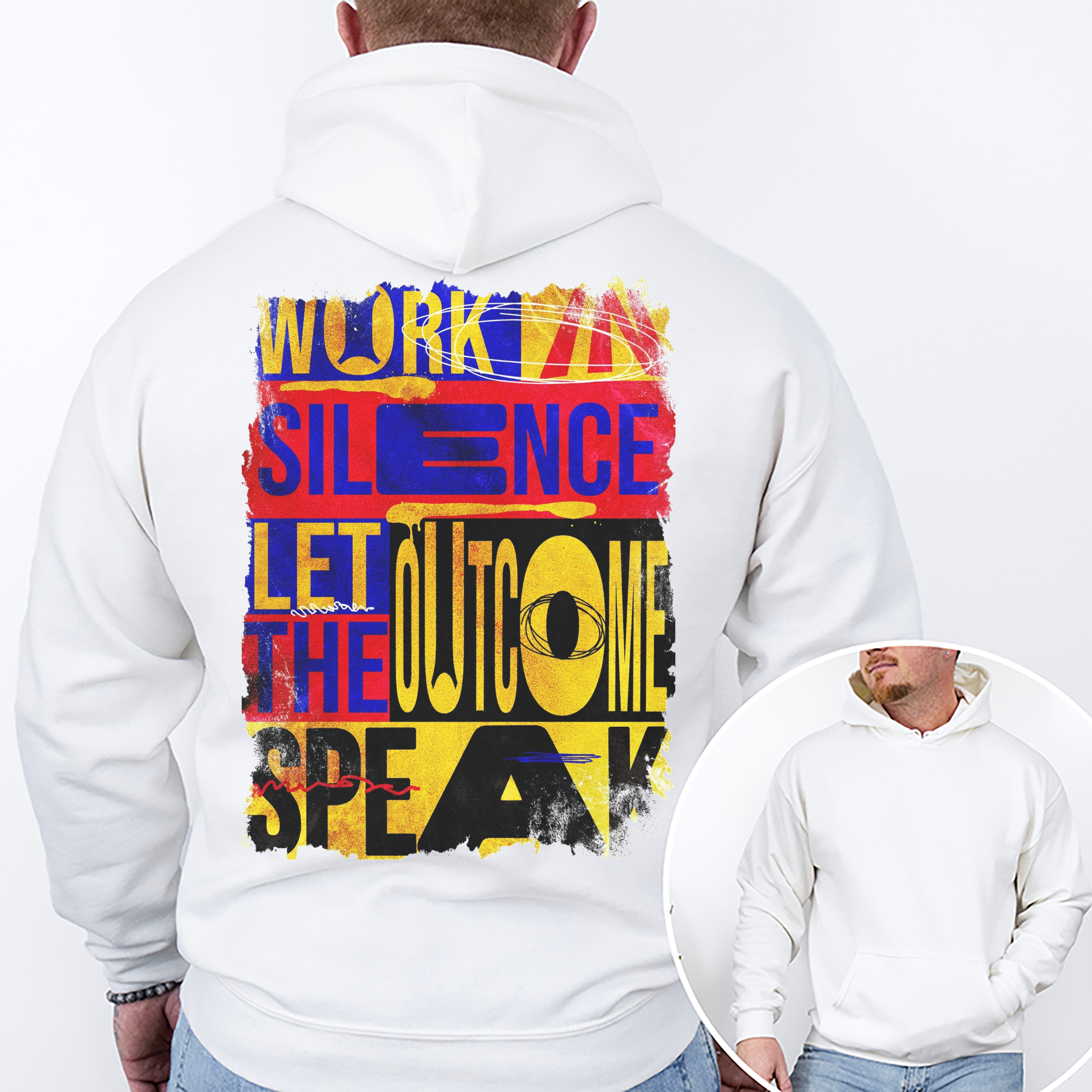 White hoodie with colorful text design on the back, worn by a person.
